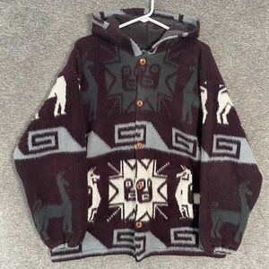 Aztec Sweater Mens Fits Sz Large Hooded Llama Alpaca Knit Cardigan Ecuador